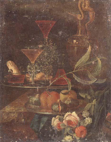 unknow artist Still Life of wine-glasses,a decanter,a glass bowl,sweet breads,figs and peaches upon pewter plates,together with a gilt ewer and flowers,all upon a m China oil painting art
